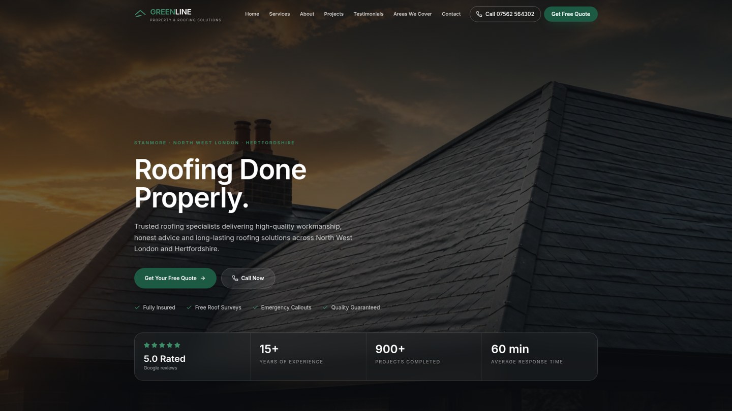 Greenline Roofing Solutions website homepage
